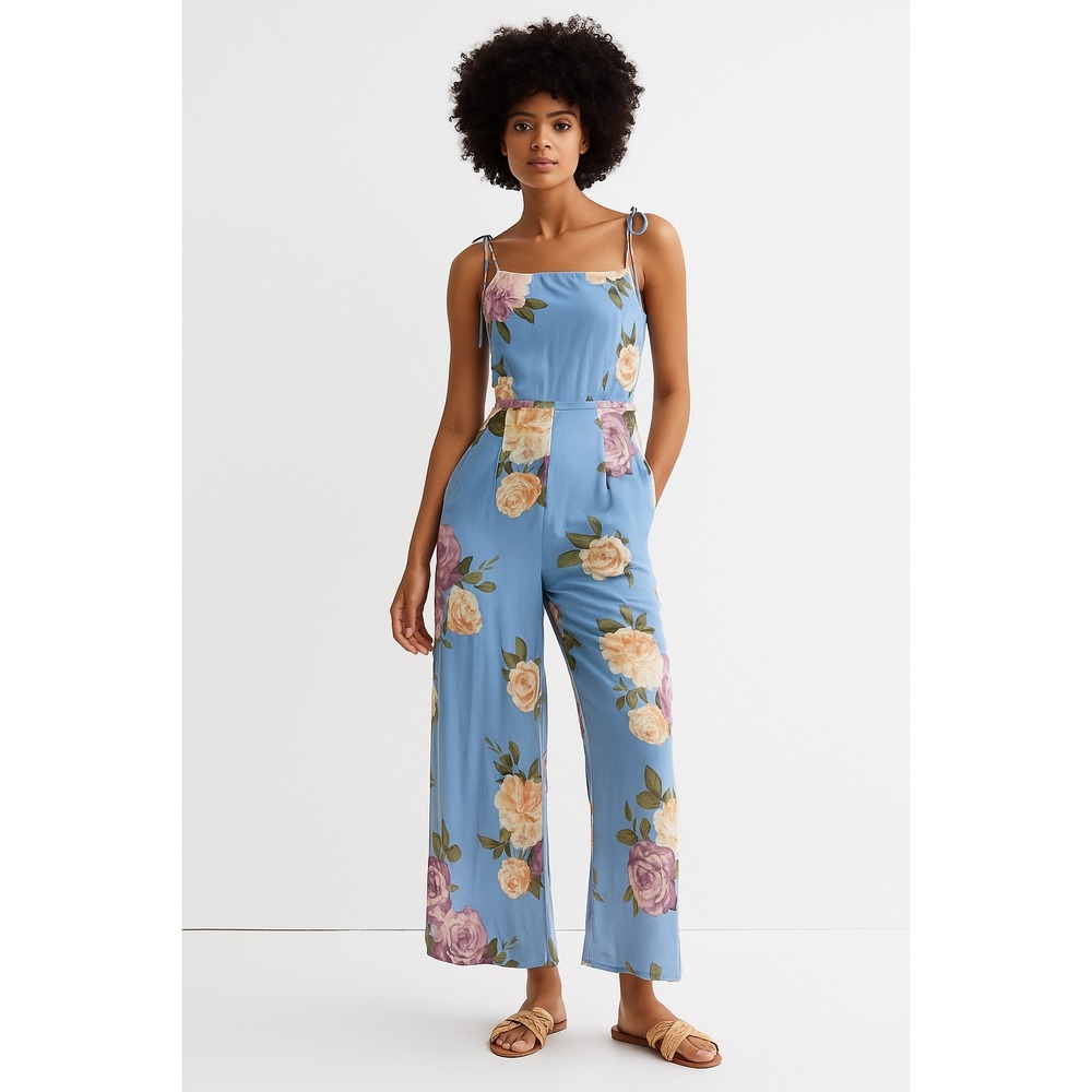 Papaya Light Blue Floral Spaghetti Strap‎ Jumpsuit - Size S